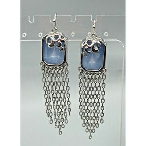 Opaque‎ Faceted Blue Glass Dang Chandelier Earrings Fringe Silver Tone Signed 3"